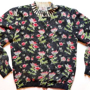 Vintage JANE IRWILL Grey Pink Green Floral Wool Cardigan Sweater Small S Pin Up